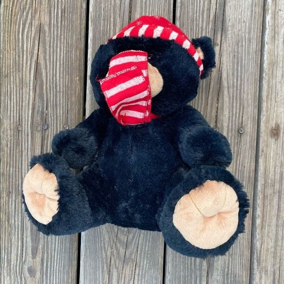 DAN DEE VINTAGE HOLIDAY BLACK BEAR PLUSH RED HAT - Picture 3 of 7